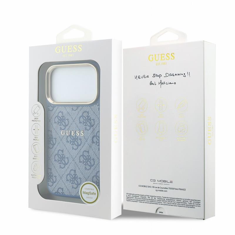 Guess PU Leather 4G Gold Frame Embossed MagSafe kryt iPhone 18 Pro modrý 