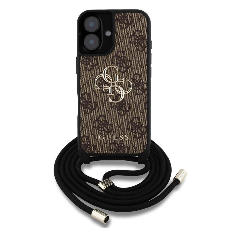 Guess PU 4G Metal Logo Crossbody Popruh kryt iPhone 16 hnedý 