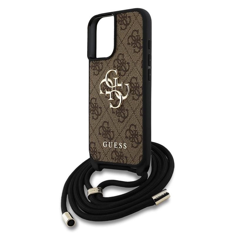 Guess PU 4G Metal Logo Crossbody Popruh kryt iPhone 16 hnedý 