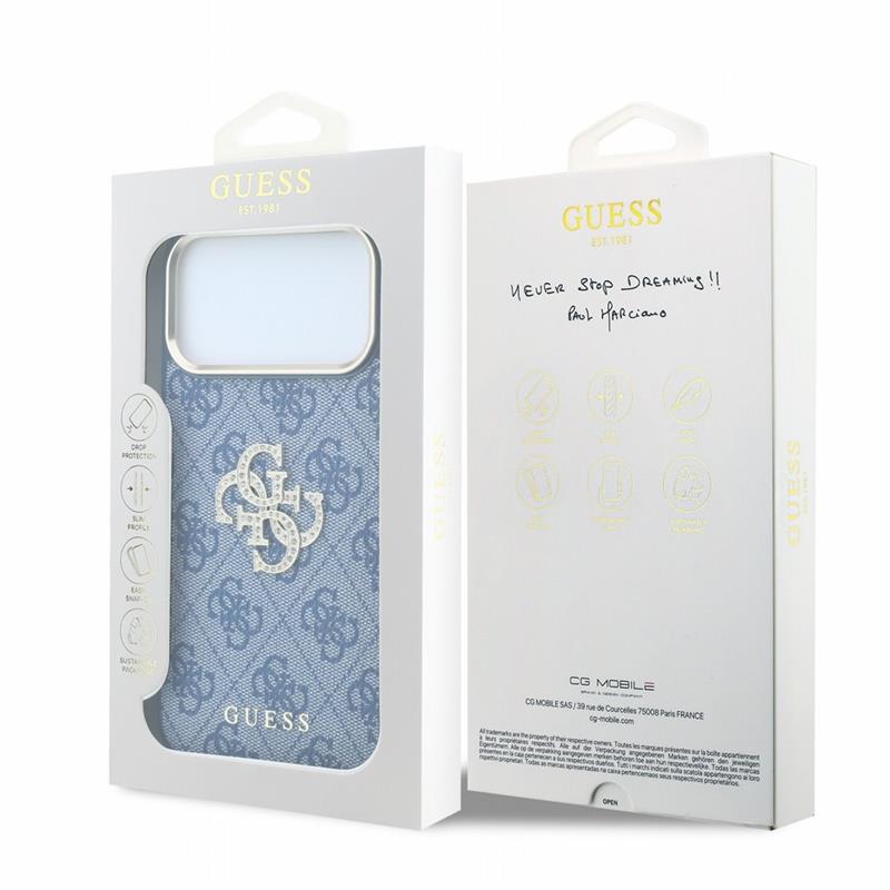 Guess PU 4G Strass Metal Logo kryt iPhone 18 Pro Max modrý 