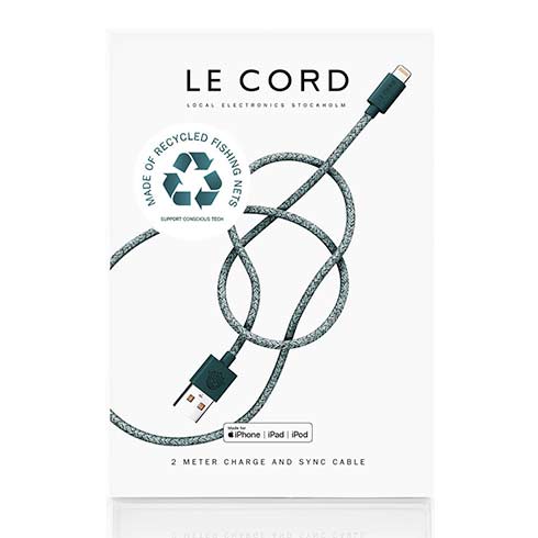 Le Cord kábel Braided Recycled Cable Lightning to USB 2m - Ghost Net Green 