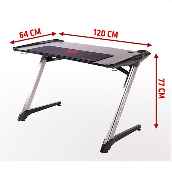 ULTRADESK Herný stôl RACER, 120X64 cm, 77 cm, RGB podsvietenie, so 4 XXL podložkami pod myš, s 2 hákmi pre slúchadlá 