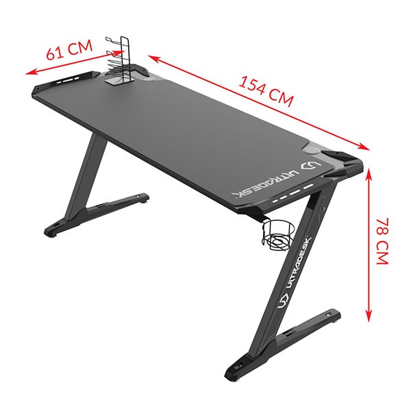 ULTRADESK Herný stôl SPACE XXL BLACK, 154x61 cm, 78 cm, RGB podsvietenie s dotykovýmm panelom, s celoplošnou podložkou  