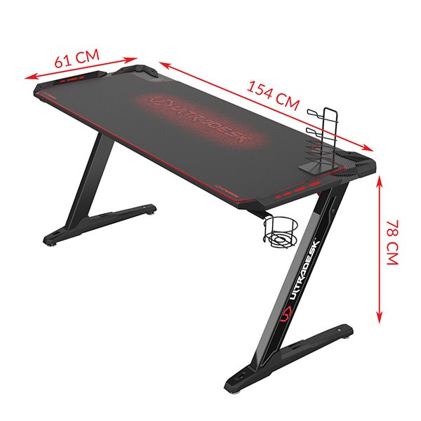 ULTRADESK Herný stôl SPACE XXL RED, 154x61 cm, 78 cm, RGB podsvietenie s dotykovým panelom, s celoplošnou podložkou 