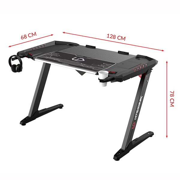 ULTRADESK Herný stôl ROCKET BLACK, 128x68 cm, 78 cm, s XL podložkou pod myš, držiak slúchadiel aj nápojov 