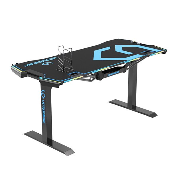 ULTRADESK Herný stôl FORCE - modrý, 166x70 cm, 76.5 cm, s XXL podložkou pod myš, držiak slúchadiel aj nápojov, RGB 