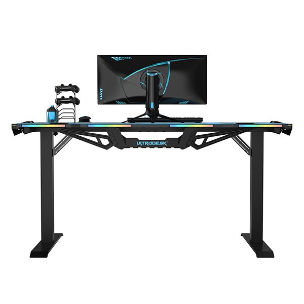 ULTRADESK Herný stôl FORCE - modrý, 166x70 cm, 76.5 cm, s XXL podložkou pod myš, držiak slúchadiel aj nápojov, RGB 