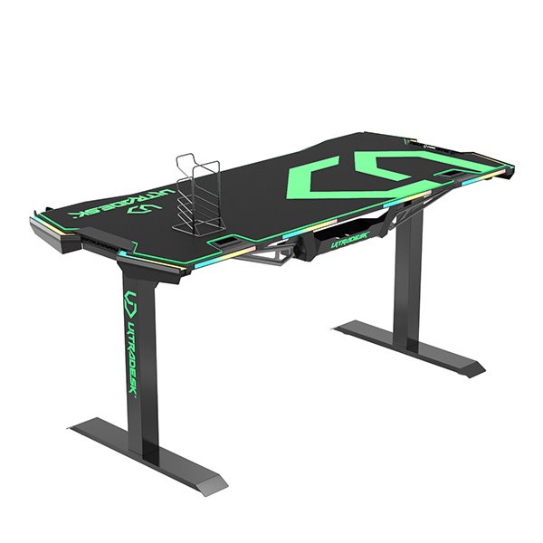 ULTRADESK Herný stôl FORCE - zelený, 166x70 cm, 76.5 cm, s XXL podložkou pod myš, držiak slúchadiel aj nápojov, RGB 