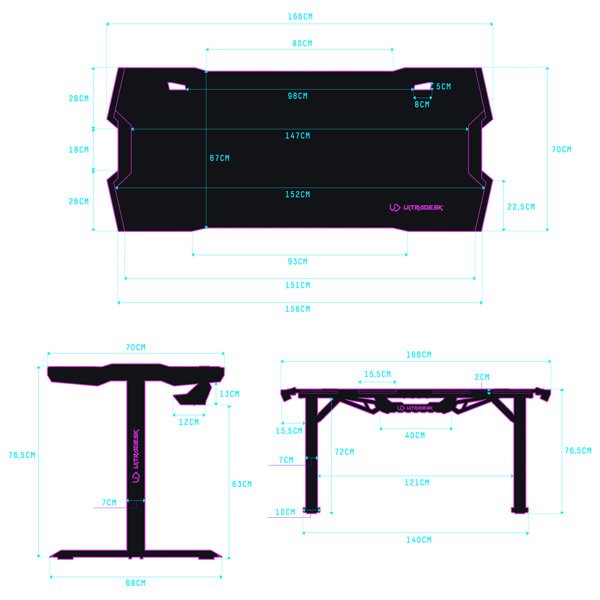 ULTRADESK Herný stôl FORCE - červený, 166x70 cm, 76.5 cm, s XXL podložkou pod myš, držiak slúchadiel aj nápojov, RGB 