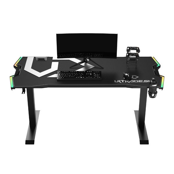 ULTRADESK Herný stôl FORCE - šedý, 166x70 cm, 76.5 cm, s XXL podložkou pod myš, držiak slúchadiel aj nápojov, RGB 