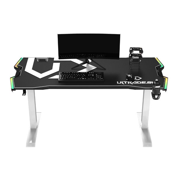 ULTRADESK Herný stôl FORCE SNOW - biely, 166x70 cm, 76.5 cm, s XXL podložkou pod myš, držiak slúchadiel aj nápojov, RGB  