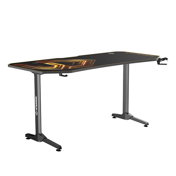 ULTRADESK Herný stôl FRAG XXL GOLD, 160 x 75 cm, 75 cm, držiak nápojov a slúchadiel, stojan BEAM, s celoplošnou XXL podl 