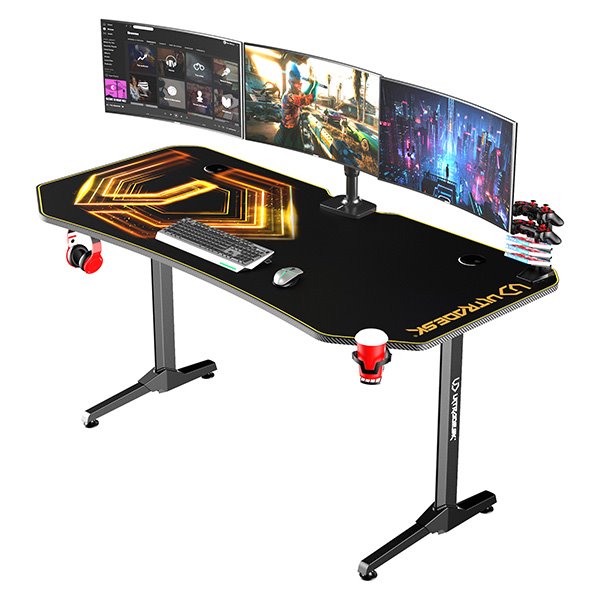 ULTRADESK Herný stôl FRAG XXL GOLD, 160 x 75 cm, 75 cm, držiak nápojov a slúchadiel, stojan BEAM, s celoplošnou XXL podl 