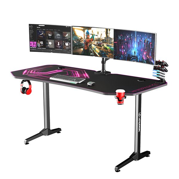 ULTRADESK Herný stôl FRAG XXL PINK, 160 x 75 cm, 75 cm, držiak nápojov a slúchadiel, stojan BEAM, s celoplošnou XXL podl 