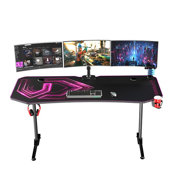 ULTRADESK Herný stôl FRAG XXL PINK, 160 x 75 cm, 75 cm, držiak nápojov a slúchadiel, stojan BEAM, s celoplošnou XXL podl 