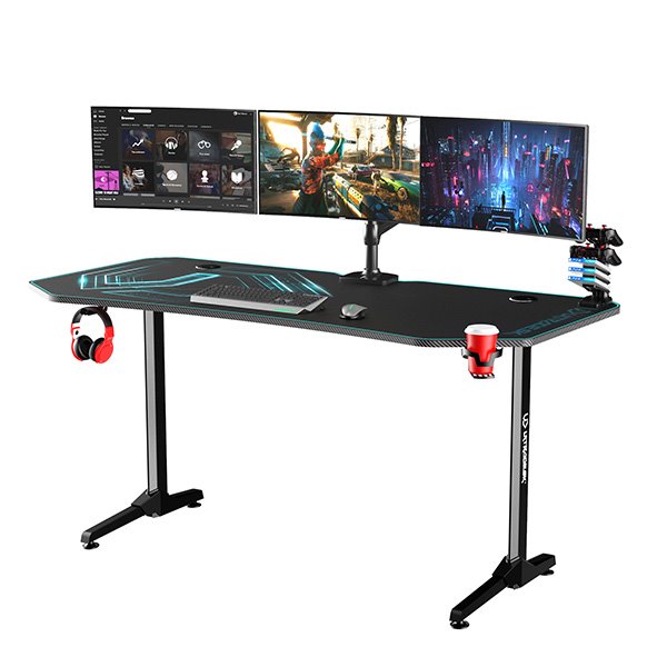 ULTRADESK Herný stôl FRAG XXL BLUE, 160 x 75 cm, 75 cm, držiak nápojov a slúchadiel, stojan BEAM, s celoplošnou XXL podl 