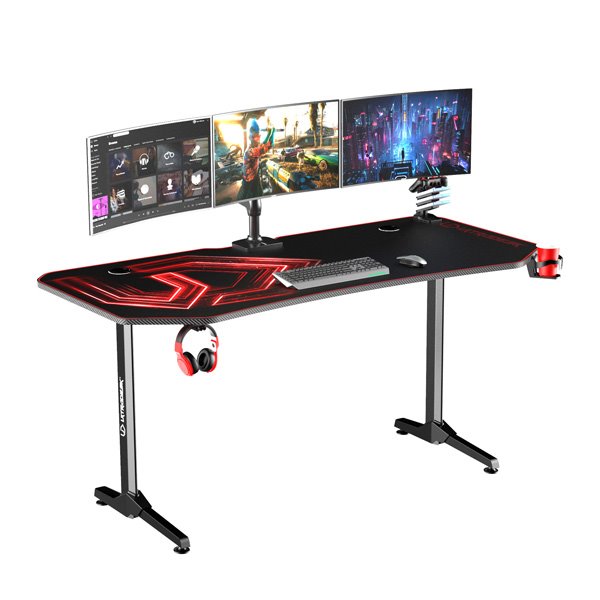 ULTRADESK Herný stôl FRAG XXL RED, 160 x 75 cm, 75 cm, držiak nápojov a slúchadiel, stojan BEAM, s celoplošnou XXL podl. 