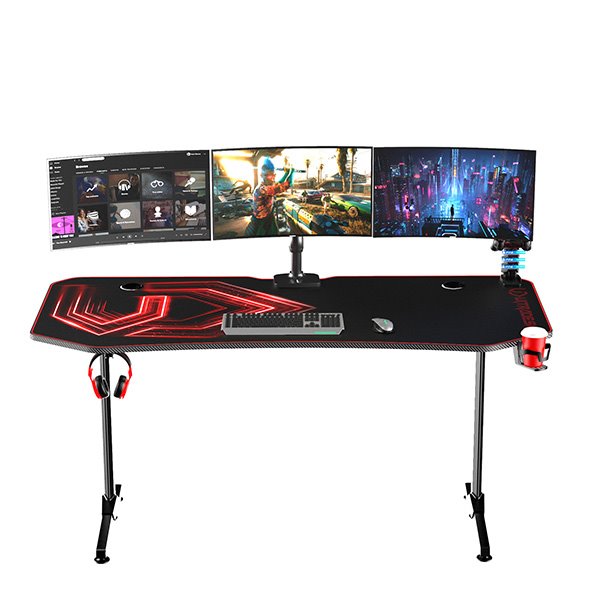 ULTRADESK Herný stôl FRAG XXL RED, 160 x 75 cm, 75 cm, držiak nápojov a slúchadiel, stojan BEAM, s celoplošnou XXL podl. 