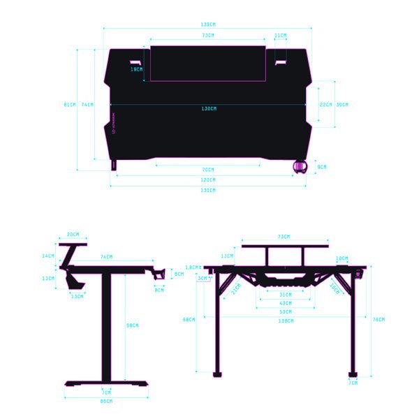 ULTRADESK Herný stôl ATOMIC, 139x74cm, 76cm, s vyvýšeným stojanom na monitor,držiakom na slúcha, s celoplošnou XXL podl. 