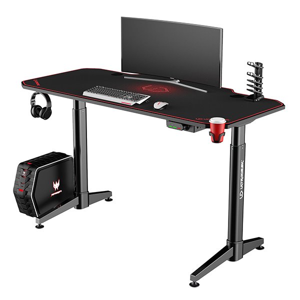 ULTRADESK Herný stôl LEVEL RED, 140x66cm, 72-124cm, elektricky nastaviteľná výška, s XXL podložkou pod myš 