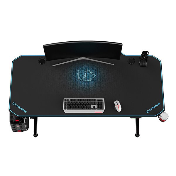 ULTRADESK Herný stôl LEVEL BLUE, 140x66cm, 72-124cm, elektricky nastaviteľná výška, s XXL podložkou pod myš 
