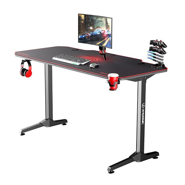 ULTRADESK Herný stôl FRAG - RED, 140x66 cm, 76 cm, s XXL podložkou pod myš, s ultradesk BEAM, držiak slúchadiel 