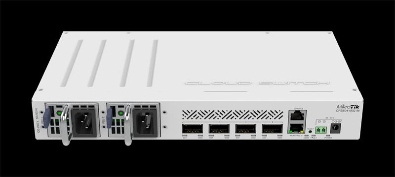 MIKROTIK RouterBOARD Cloud Router Switch CRS504-4XQ-IN + L5 (650MHz; 64MB RAM; 1x LAN; 4x QSFP28, Dual PSU) desktop 