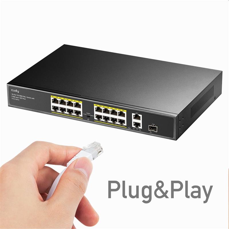 Cudy 16-Port 10/100M PoE+ Switch with 1Gigabit Uplink and 1 Gigabit Combo SFP Port 200W 