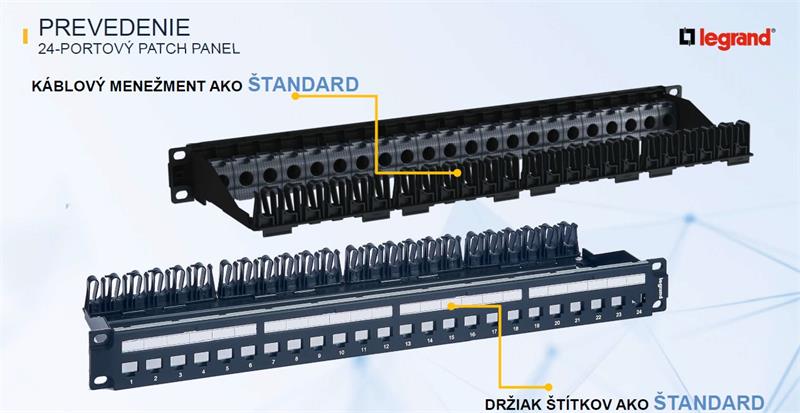 Legrand LINKEO-C 19" modulárny patch panel 24port 1U pre UTP i STP keystony, vyväzovacia lišta kov, čierny 