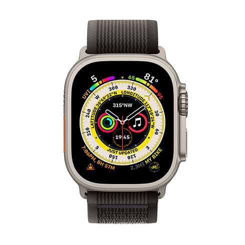 Apple Watch Ultra GPS + Cellular, 49mm titánové puzdro s čierno-sivým trailovýn ťahom - S/M