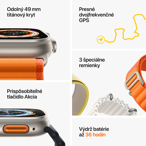 Apple Watch Ultra GPS + Cellular, 49mm titánové puzdro s čierno-sivým trailovýn ťahom - S/M 