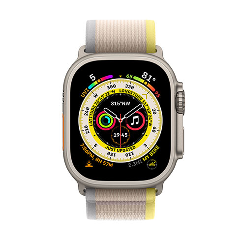 Apple Watch Ultra GPS + Cellular, 49mm titánové puzdro so žlto-béžovým trailovým ťahom - S/M 