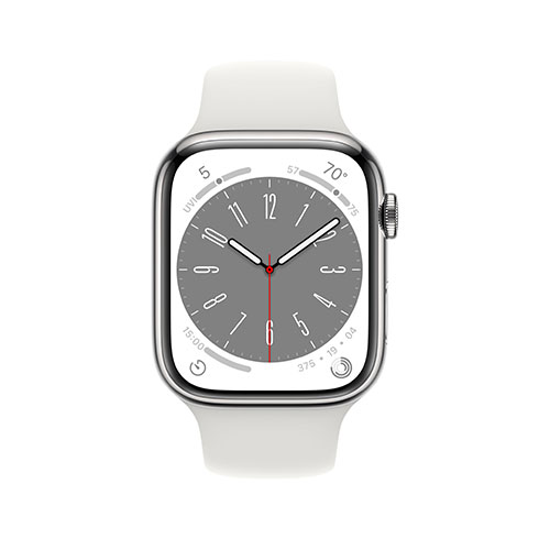 Apple Watch Series 8 GPS + Cellular 45mm Strieborné nerezové puzdro s bielym športovým remienkom 