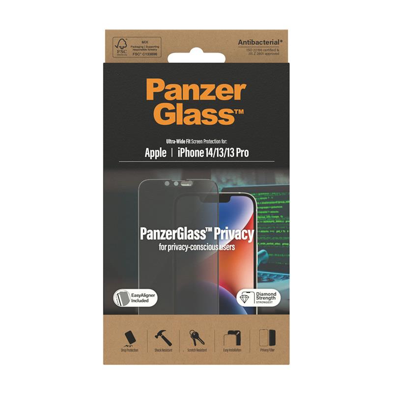 PanzerGlass ochranné sklo UWF Privacy AB s aplikátorom pre iPhone 14/13/13 Pro - Black Frame 