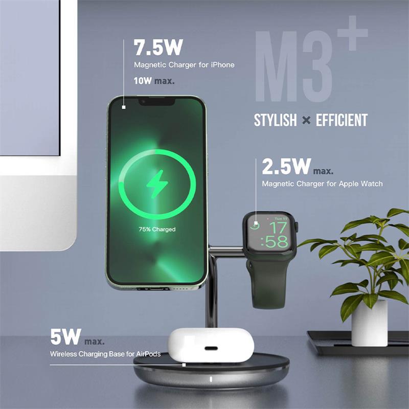 Adam Elements Omnia M3+ Magnetic 3-in-1 Wireless Charging Station + Charger - Black 