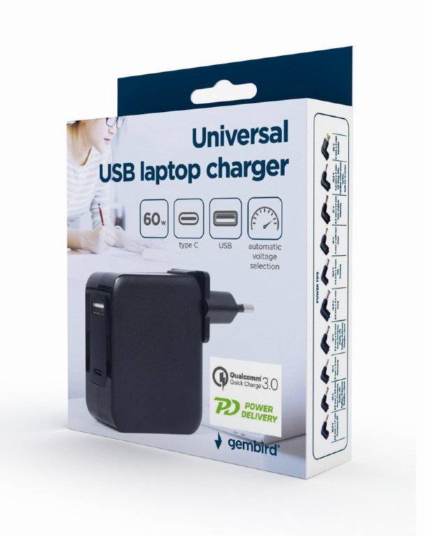 Univerzálný adaptér GEMBIRD NPA-PD60-01 pre notebook, Type-C PD, USB, 60W 