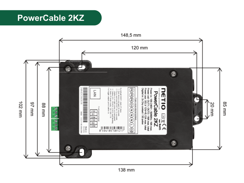 NETIO PowerCable 2KZ  Smart LAN/WIFI 2x zásuvka 230V/16A - měření elek. hodnot 