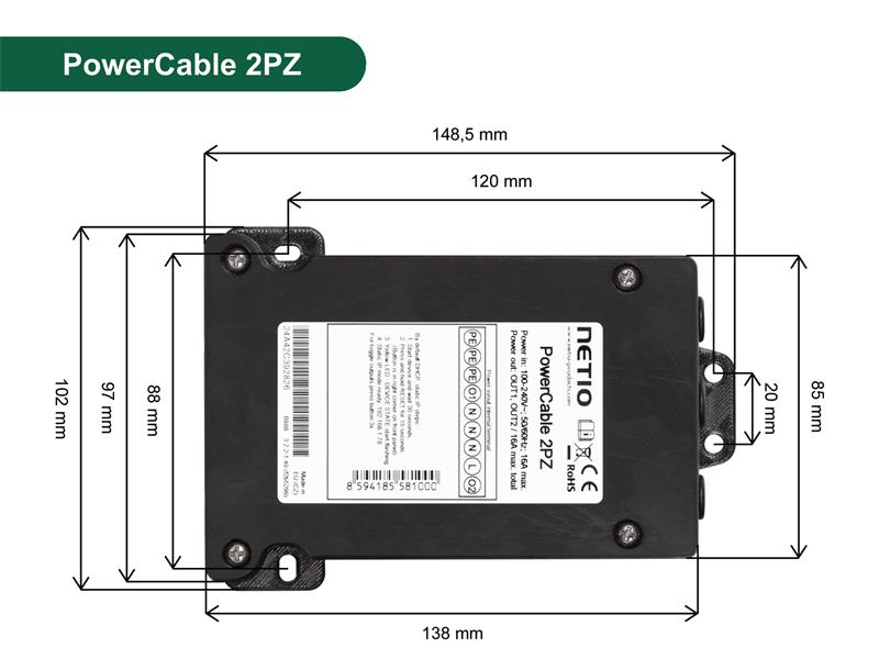 NETIO PowerCable 2PZ  Smart LAN/WIFI 2x zásuvka 230V/16A 