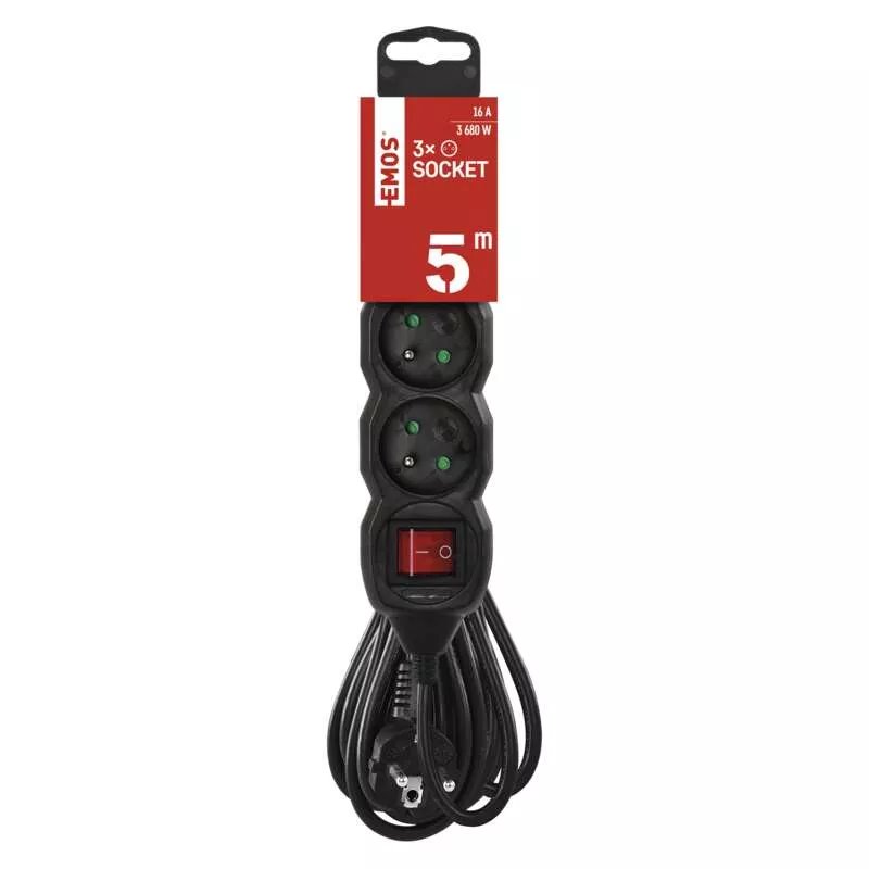 EMOS Predlzovaci kabel 16A (3zás. + vypínač) 5M ČIERNY 