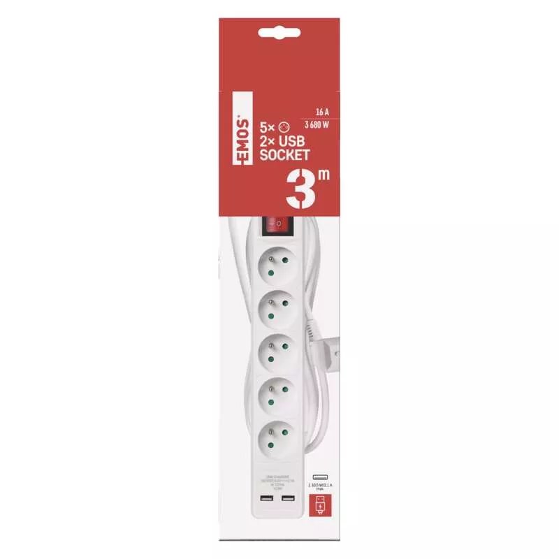 EMOS Predlzovaci kabel 16A (5zás.+ vypínač + 2xUSB) 3M 