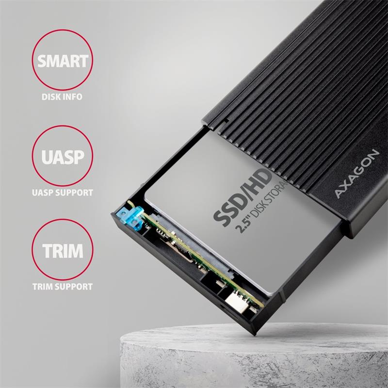 AXAGON EE25-GTR, USB-C 10Gbps - SATA 6G 2.5" RIBBED box, čierny 