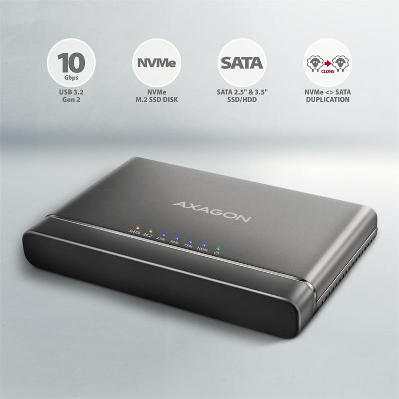 AXAGON ADSA-CC USB-C 10Gbps - NVMe M.2 SSD & SATA 2.5"/3.5" SSD/HDD CLONE MASTER 2 adaptér 