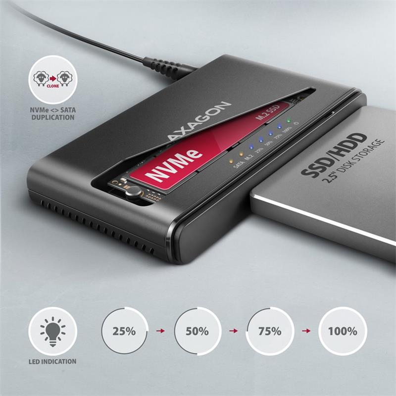 AXAGON ADSA-CC USB-C 10Gbps - NVMe M.2 SSD & SATA 2.5"/3.5" SSD/HDD CLONE MASTER 2 adaptér 