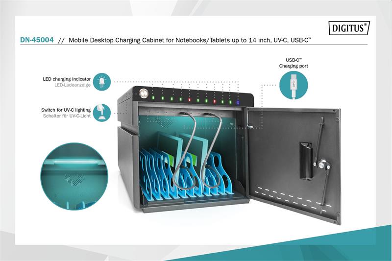 DIGITUS nabíjecí stolní box pro notebooky/tablety, až 10 zařízení do 14", UV-C, USB-C (PD 18W na zařízení) 