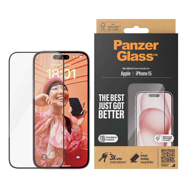 PanzerGlass ochranné sklo UWF pre iPhone 15 - Black Frame 