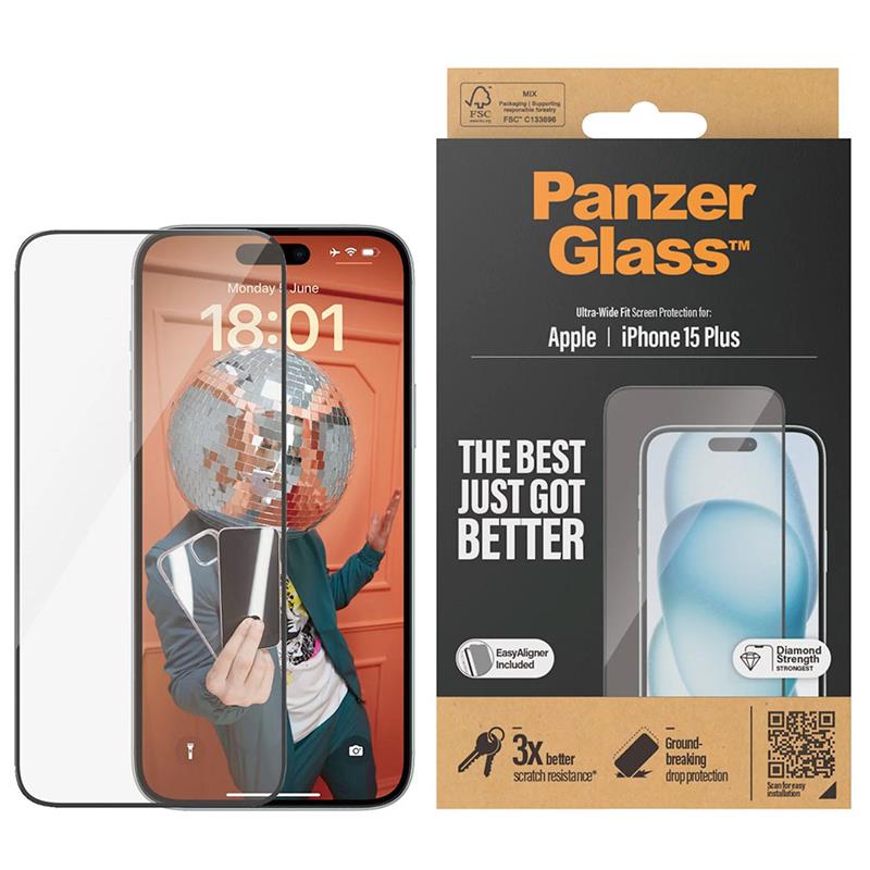 PanzerGlass ochranné sklo UWF pre iPhone 15 Plus - Black Frame 