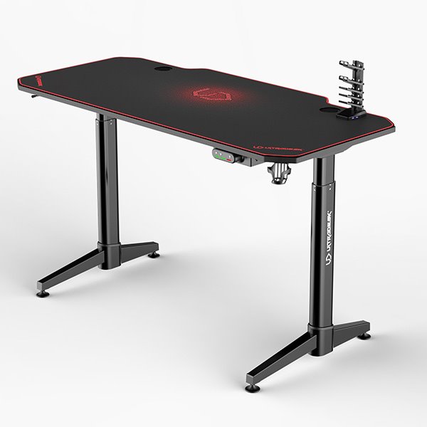 ULTRADESK Herný stôl LEVEL RED, 140x66cm, 72-124cm, elektricky nastaviteľná výška, s XXL podložkou pod myš