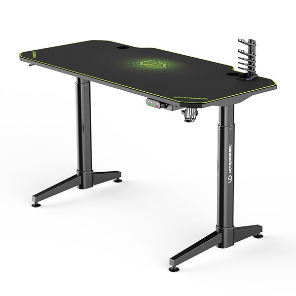 ULTRADESK Herný stôl LEVEL GREEN, 140x66cm, 72-124cm, elektricky nastaviteľná výška, s XXL podložkou pod myš