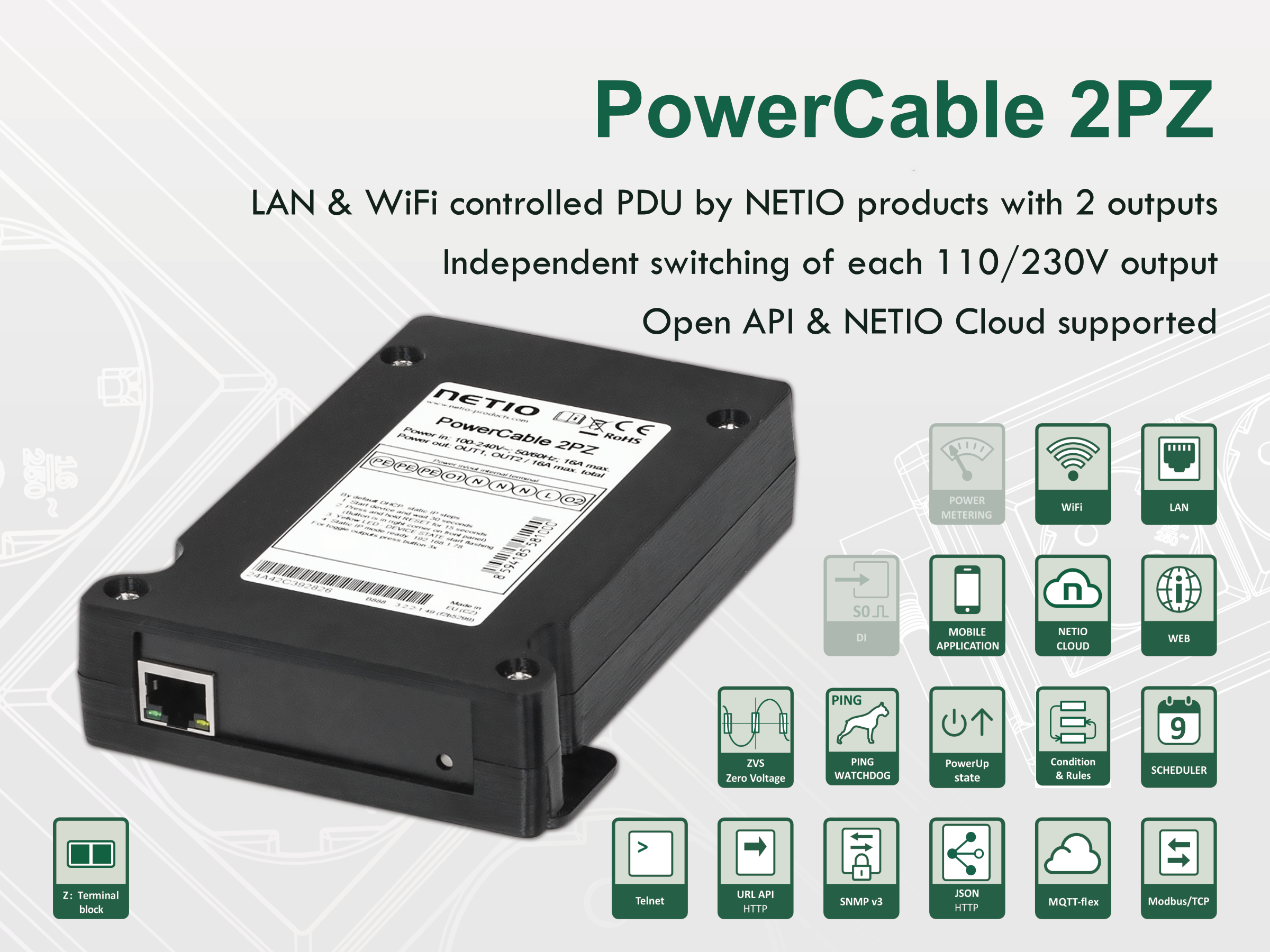 NETIO PowerCable 2PZ  Smart LAN/WIFI 2x zásuvka 230V/16A