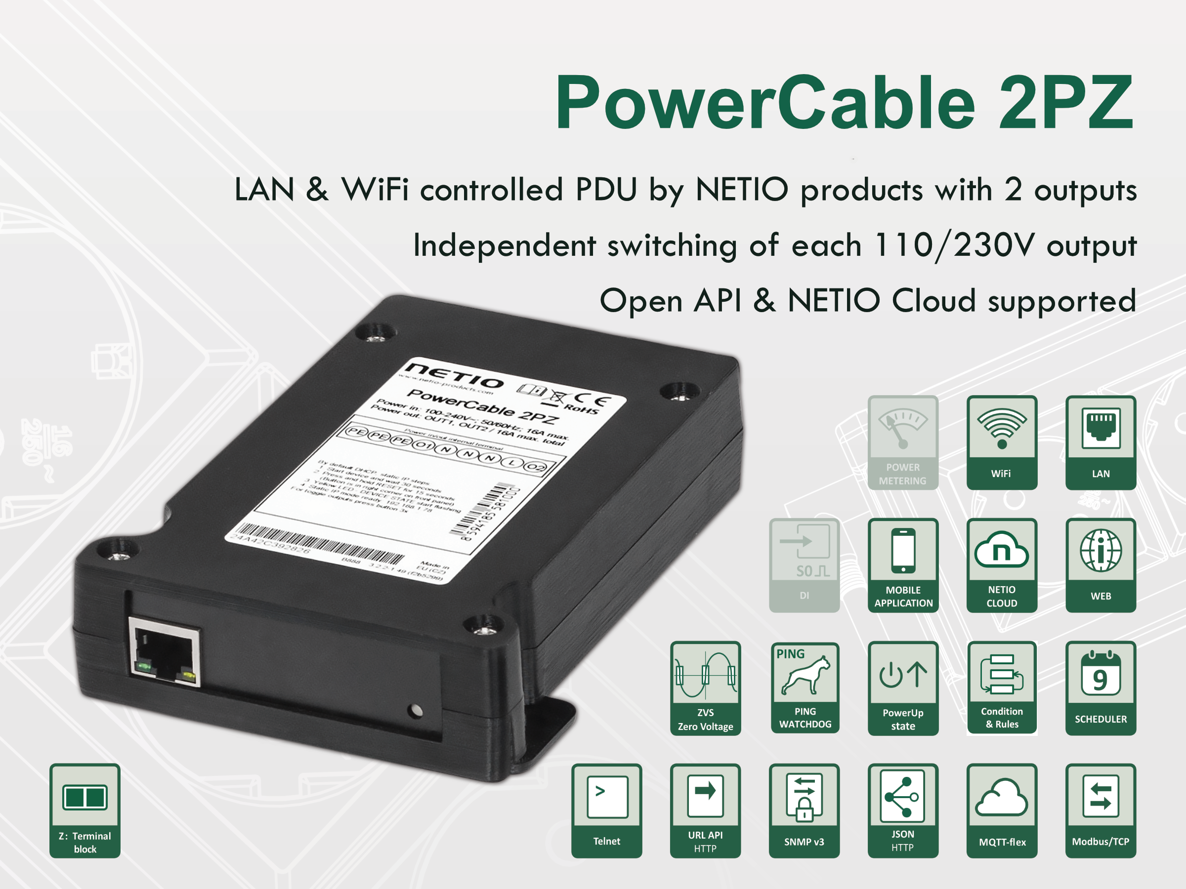 NETIO PowerCable 2PZ Smart LAN/WIFI 2x zásuvka 230V/16A